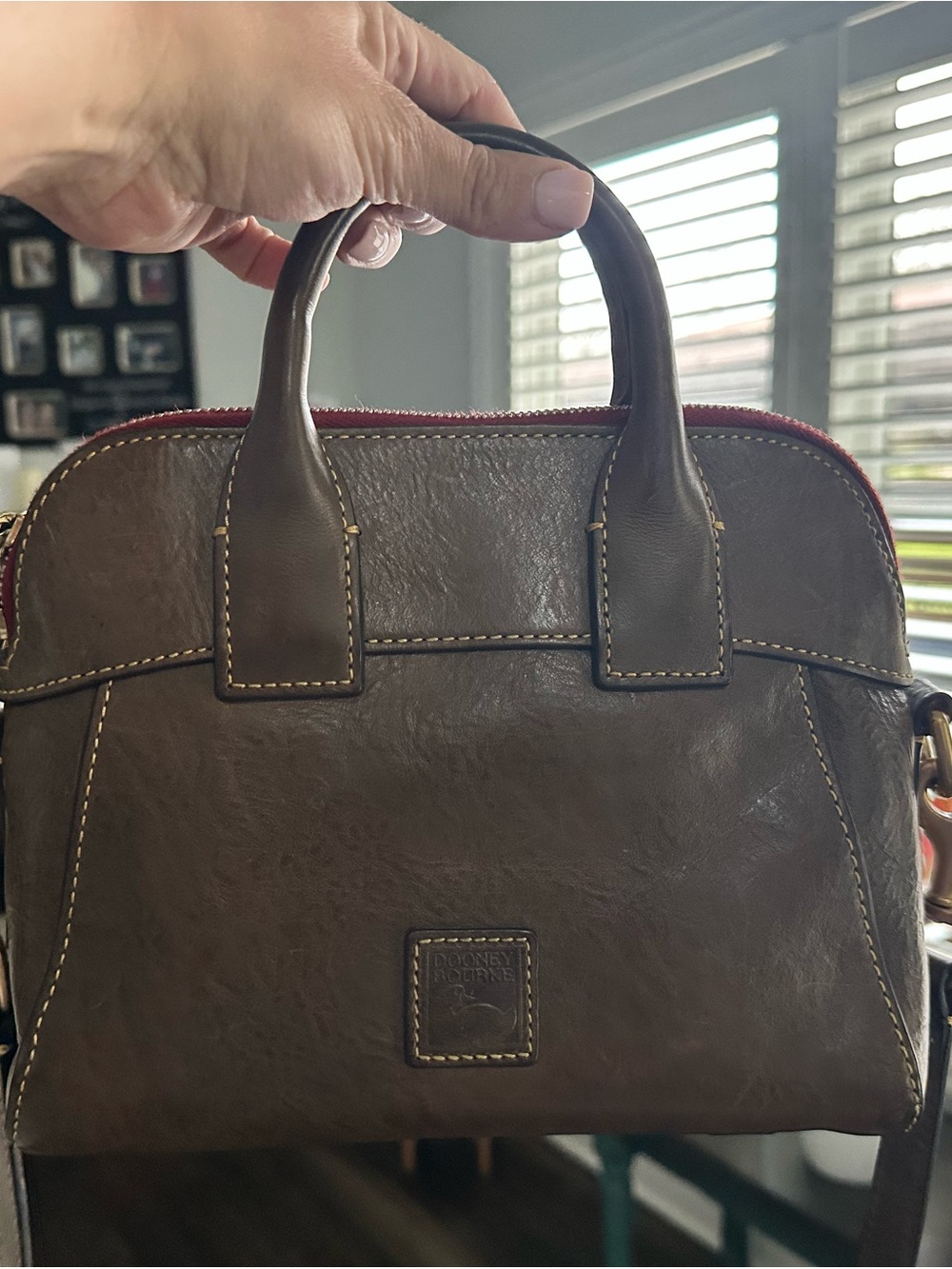 Dooney & Bourke Dark Brown Leather Dome Satchel with Red Zip
